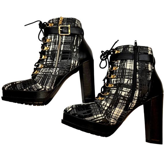 Shoedazzle Women's Shoes 10 Black Laces Closed Toe  Ankle Boots Plaid Booties - Picture 1 of 8